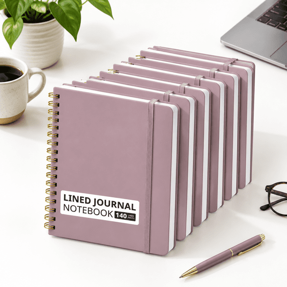 H-Boho Purple 6 Pack Lined Hardcover Spiral A5 Journal Notebooks