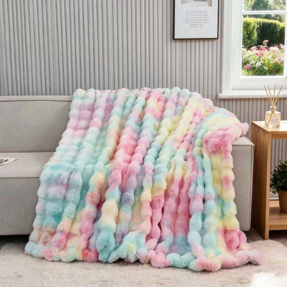 H&D Rainbow Faux Rabbit Fur Bubble Throw Blanket, 60" × 80"