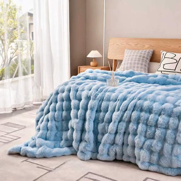 H&D 540GSM Faux Rabbit Fur Throw Blanket, Soft Fuzzy Bubble Plush Reversible All Season Cozy Warm Air Conditioning Blanket for Bed Sofa Chair, 50"x60" Blue