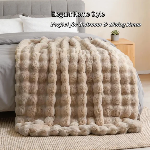 H&D 540GSM Faux Rabbit Fur Throw Blanket, Fluffy Furry Bubble Plush Double-Sided Thick Cozy Warm All Season Blanket for Couch Bed Sofa, 70"x80" Khaki