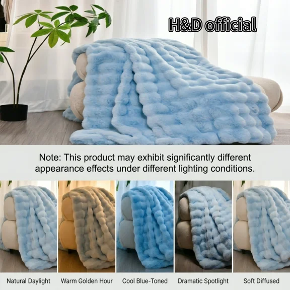 H&D 540GSM Faux Rabbit Fur Throw Blanket, Soft Fuzzy Bubble Plush Reversible All Season Cozy Warm Air Conditioning Blanket for Bed Sofa Chair, 50"x60" Blue