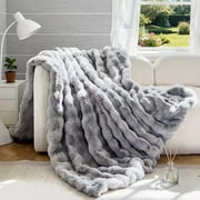 H&D 540GSM Faux Rabbit Fur Throw Blanket, Cozy Warm Fuzzy Bubble Plush Reversible Soft All Season Air Conditioning Blanket for Couch Chair Bed, 40"x60" Gray