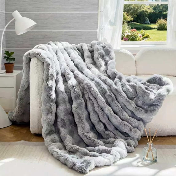 H&D 540GSM Faux Rabbit Fur Throw Blanket, Cozy Warm Fuzzy Bubble Plush Reversible Soft All Season Air Conditioning Blanket for Couch Chair Bed, 40"x60" Gray