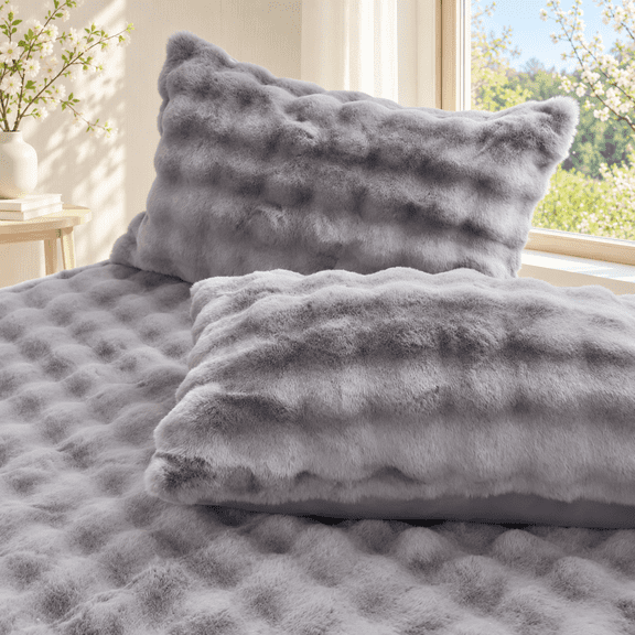 H&D Faux Rabbit Fur Pillowcase, Grey, Hypoallergenic Plush,19" x 29"