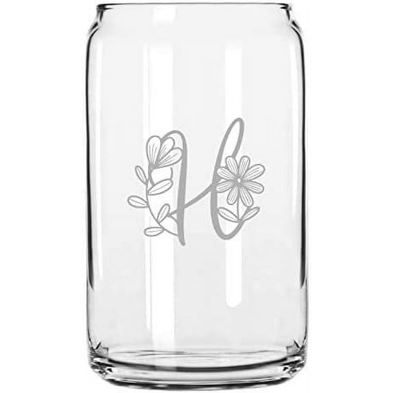 H Daishy Daisy Monogram Etched 16oz Libbey Can Glass