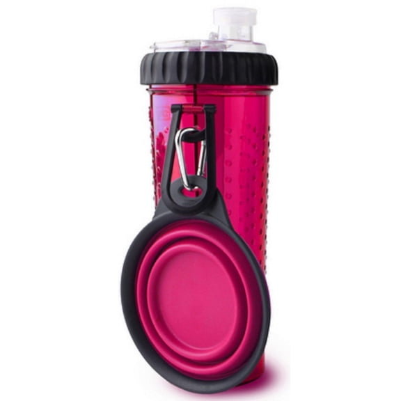 dexas popware for pets h-duo dual chambered hydration bottle with collapsible pet cup, pink