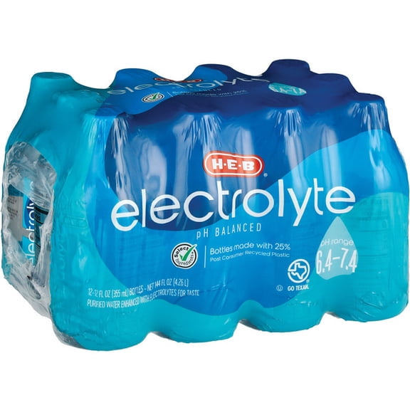 H-E-B Electrolyte Bottled Water, 12 fl oz Bottles, 12 Count