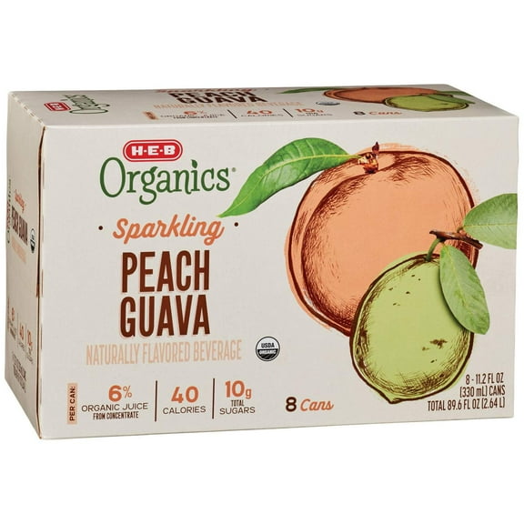 HEB Organics Peach Guava Sparkling Beverage 11.2 oz Cans 8 pack