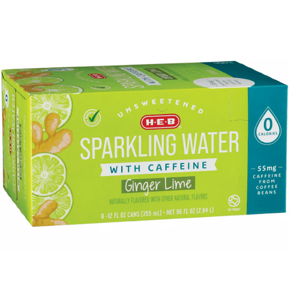 H.E.B Unsweetened Caffeinated Sparkling Water- Ginger Lime, 12 fl oz, (Pack of 8)