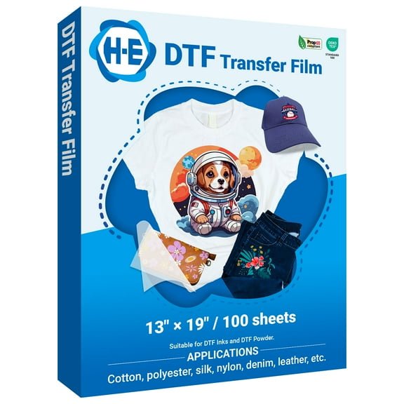 H-E DTF Film Paper A4 13" x 19" 100 Sheets Heat Transfer Paper for DTF Printer on Dark, Light, Cotton, Polyester Fabrics, Double Sided Hot Peel
