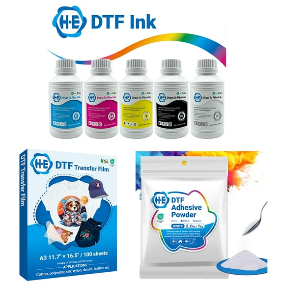 H-E DTF Transfer Ink 500ml Each CMYKW Color with 100Sheets A3 DTF Film and 2.2Lbs Whte DTF Powder