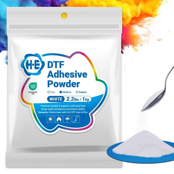 H-E DTF Transfer Powder 2.2Lbs White Hot Melt Adhesive DTF Powder for all DTF Printers Digital Prints on T-Shirts Textile