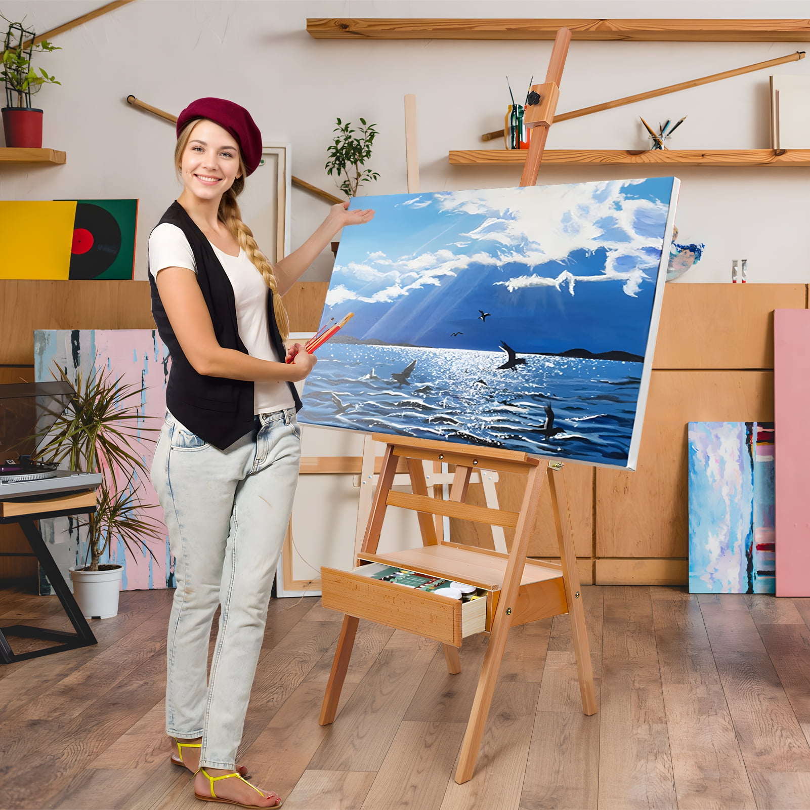 H Frame Easel, French Easel with Drawer, Solid Beech Wood Easel, Painting  Canvas Holder Stand, Tilts Flat Artist Easel, Height Angle  Adjustable-Wooden Color - Walmart.com, image size:1601x1601