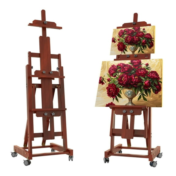 H-Frame Easel for Painting, Adjustable Art Easel Stand for Canvases(Up to 77 Inch) and Crafts, Foldable Wood Tabletop Easel Set for Adults, Reddish Brown