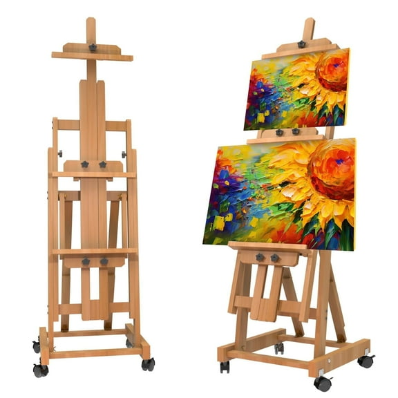 H-Frame Easel for Painting, Adjustable Art Easel Stand for Canvases(Up to 77 Inch) and Crafts, Foldable Wood Tabletop Easel Set for Adults, Natural