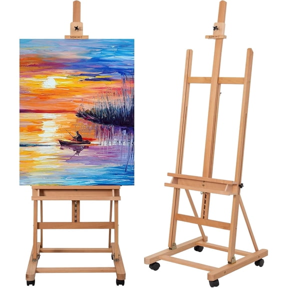 H-Frame Studio Easel, Beechwood Artist Easel with Wheels and Storage Tray, Adjustable Floor Easel Stand Holding Canvas up to 51Inches for Painting, Natural