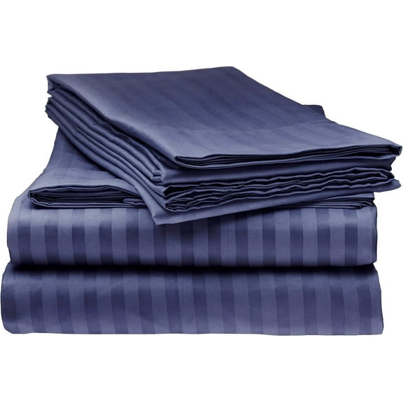 H&H Décor Hotel Quality 4-Piece Sheet Set, Luxuriously Soft Long Staple Egyptian Cotton, Deep Pocket 15", Elegant Stripe Pattern, Premium Bedding Set – Navy Blue, Multiple Sizes.
