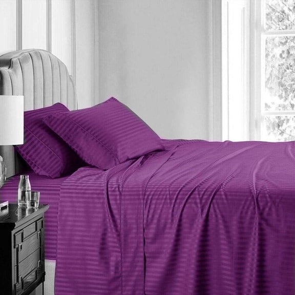 H&H Décor Hotel Quality 4-Piece Sheet Set, Luxuriously Soft Long Staple Egyptian Cotton, Deep Pocket 15", Elegant Stripe Pattern, Premium Bedding Set – Purple, Multiple Sizes.