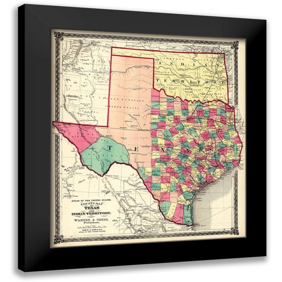 H.H. Lloyd & Co. 12x13 Black Modern Framed Museum Art Print Titled - County Map of Texas, and Indian Territory, 1874