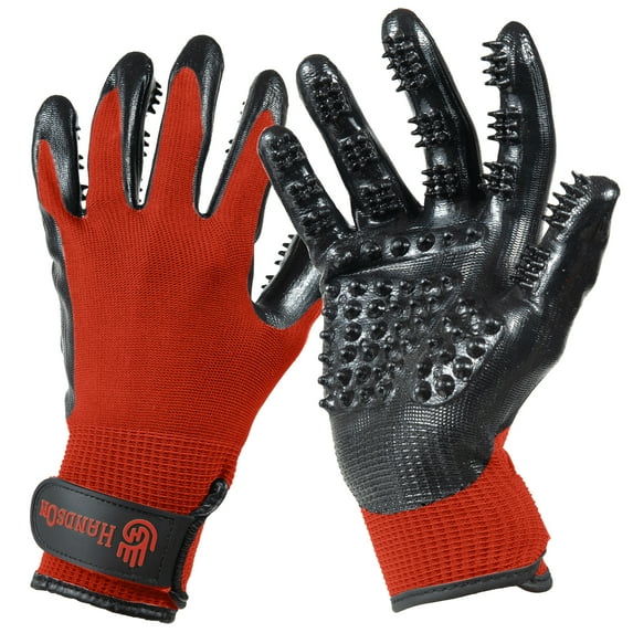 HandsOn Pet Grooming Gloves - Patented #1 Ranked, Award Winning Shedding, Bathing, & Daily Grooming Gloves - Gentle Brush for Cats, Dogs, and Horses, Red, Small