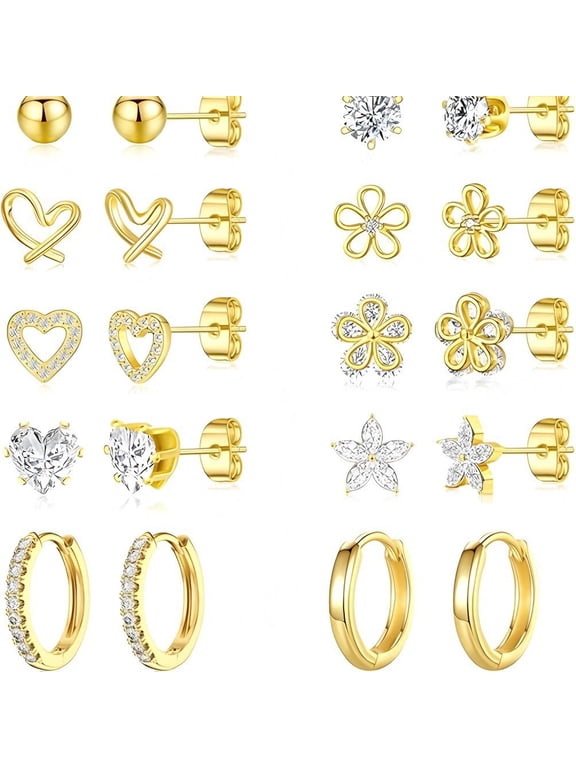 H HEYMKGO Small Gold Stud Earrings Set for Women - 14K Gold Plated CZ Hypoallergenic Earrings Dainty Flower Heart Stud Earrings for Jewelry Gift,10 Pairs