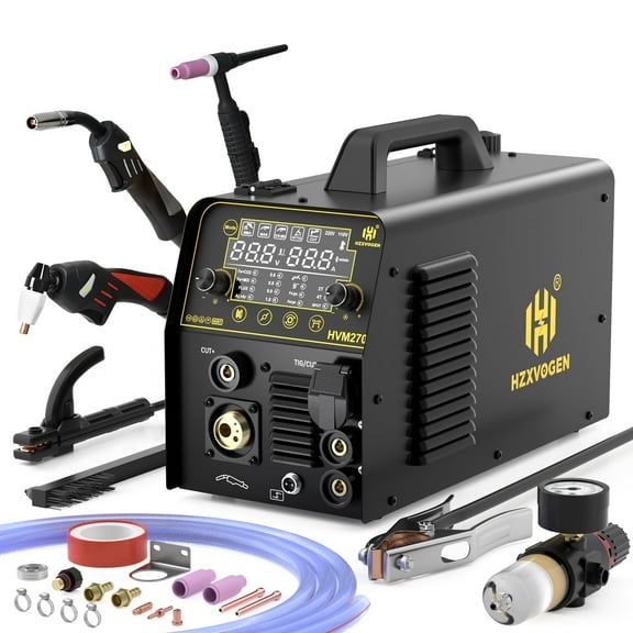 H HZXVOGEN Plasma Cutter Welder Combo, 6 in 1 Multiprocess MIG Gas/Gasless/HF TIG/Stick/Cutting/MIG Spot, 200A 220V Aluminum MIG Welder IGBT Inverter Welding Machine with Synergic/Man Mode(HVM270)