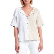 H Halston Colorblocked Elbow Sleeve Blouse White Stone Combo S