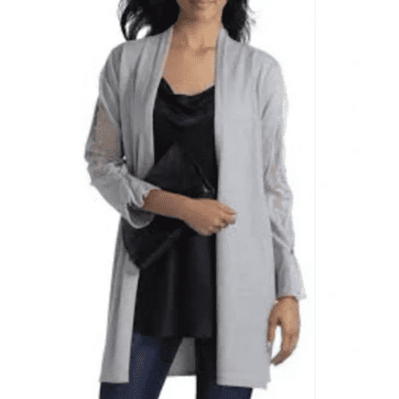 H Halston Long Lace Paneled Cardigan in Gray, Size S