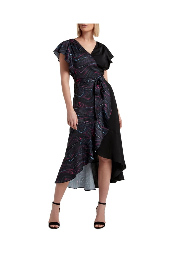 Short Sleeve Ruffled Faux Wrap Dress Marble Quartz Black XL