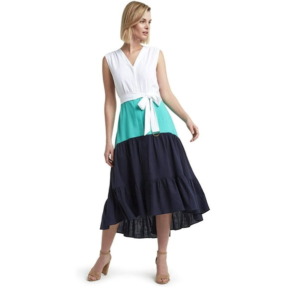 H Halston Colorblocked Tiered Dress Whiteatlantis Classic Navy S