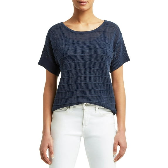 H Halston Womens Mesh Knit Ribbed Trim T-Shirt