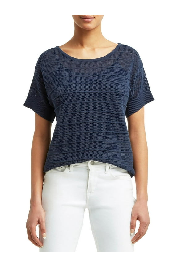 Womens Mesh Knit Ribbed Trim T-Shirt