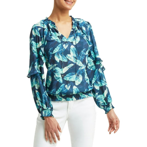 H Halston Womens Smocked Printed Blouse