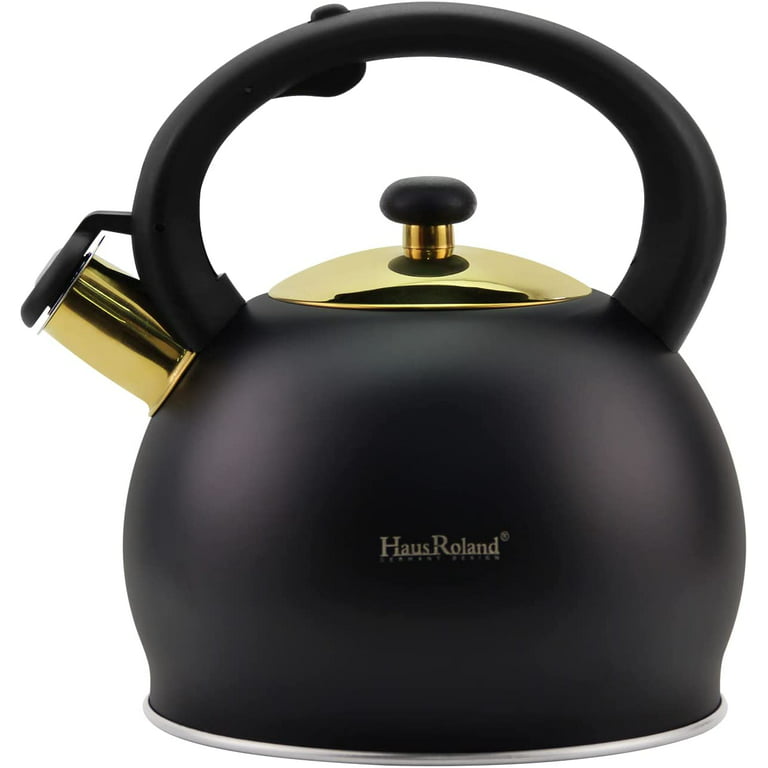 H Haus Roland Tea Kettle Stovetop Stainless Steel Whistle Induction  Teakettle Fixed Cool Handle 3.2 Quart / 3 Liters Black