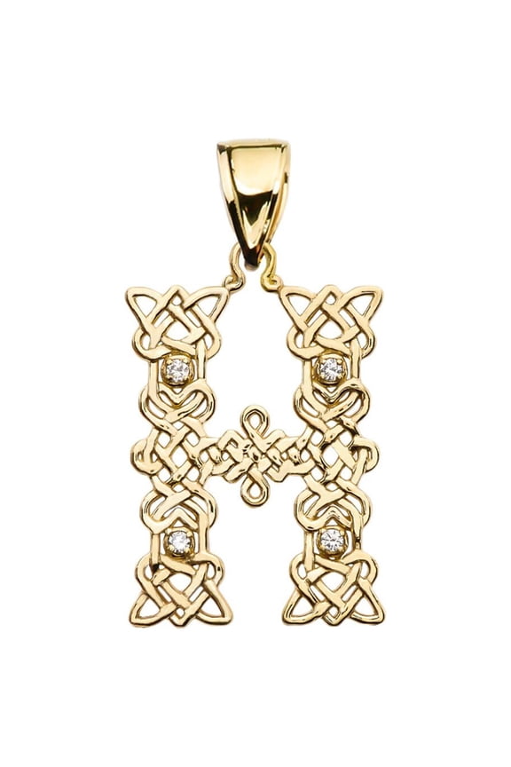 H" INITIAL IN CELTIC KNOT PATTERN YELLOW GOLD PENDANT NECKLACE WITH DIAMOND :  14K  Pendant only