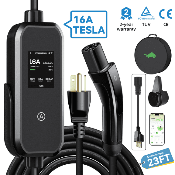 H KHONS Level 1&2 EV Charger for Tesla - 16A 23FT Cable Portable Mobile Electric Car Charging with App, NEMA 6-20 & NEMA 5-15 Plug, Tesla Model y/x/3/s