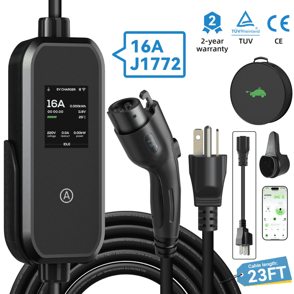 H KHONS Level 1&2 EV Charger for J1772 EV - 16Amp 23FT Cable Portable Mobile Electric Car Charging Station, APP, NEMA 6-20 & NEMA 5-15 Plug