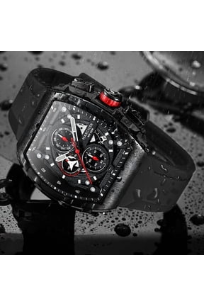 H Luxury Tonneau Sport Watch for Men - Luminous Waterproof Quartz Chronograph - Racing Style Silicone Band Wristwatch - 3ATM Waterproof High-Accuracy Multi-Functional Fashion Watch