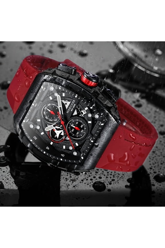H Luxury Tonneau Sport Watch for Men - Luminous Waterproof Quartz Chronograph - Racing Style Silicone Band Wristwatch - 3ATM Waterproof High-Accuracy Multi-Functional Fashion Watch