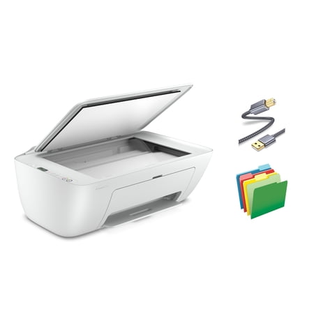 H-P DeskJet 27 series, All-in-One Wireless Color Inkjet Printer, Scan and Copy with Mobile Printing, 1200 x 1200 dpi, Icon LCD Display, White, With MTC Printer Cable and File Folders