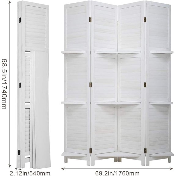 " H Room Dividers and Folding Privacy Screens, 4 Panel Wooden Room Divider with Storage Shelves for Home Office Bedroom
