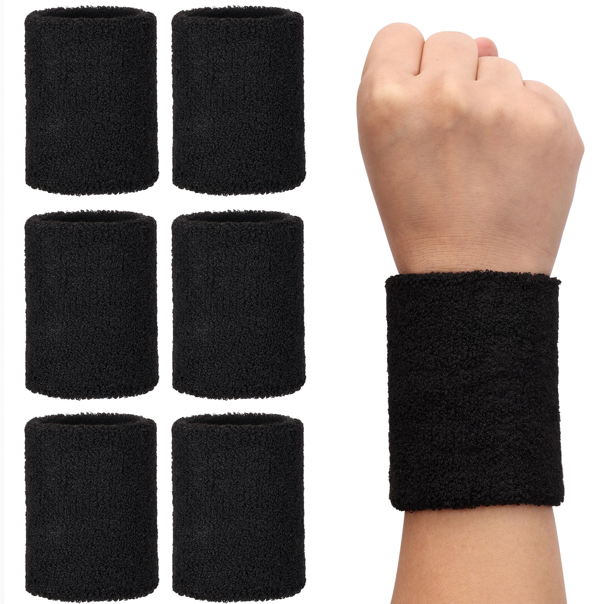 H\u0026S Absorbent Wrist Sweatbands for Athletic Men and Women - 6 Pcs Tennis Wrist Sweat Bands for Gym \u0026 Running - Black Moisture-Wicking Wristbands for Exercise