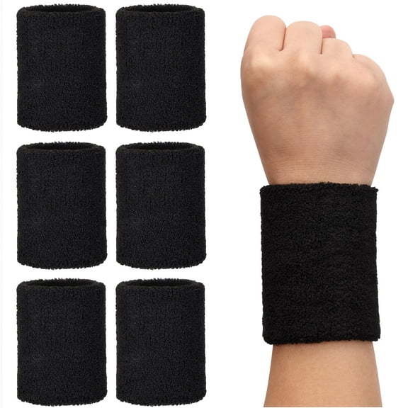 H&S Absorbent Wrist Sweatbands for Athletic Men and Women - 6 Pcs Tennis Wrist Sweat Bands for Gym & Running - Black Moisture-Wicking Wristbands for Exercise