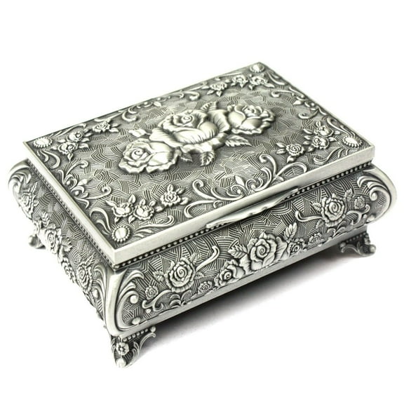 H&S Metal Antique Ring Necklace Jewellery Trinket Display Storage Vintage Box Case - 3 Rose Top
