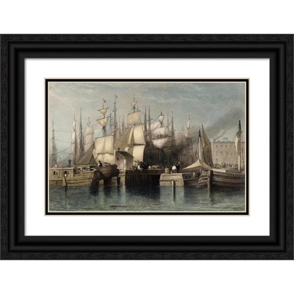 H. S. Beckwith 24x17 Black Ornate Framed Double Matted Museum Art Print Titled: Wharf and Shipping, New York (1869)