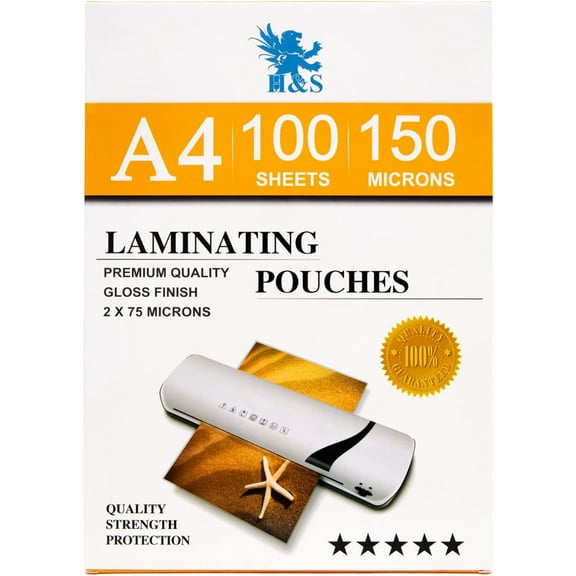 H&S Laminating Sheets - 100 pcs x A4 - Crystal Clear Laminate Pouches - Artist-Quality 150 Micron (2 x 75 Micron) Gloss Laminator
