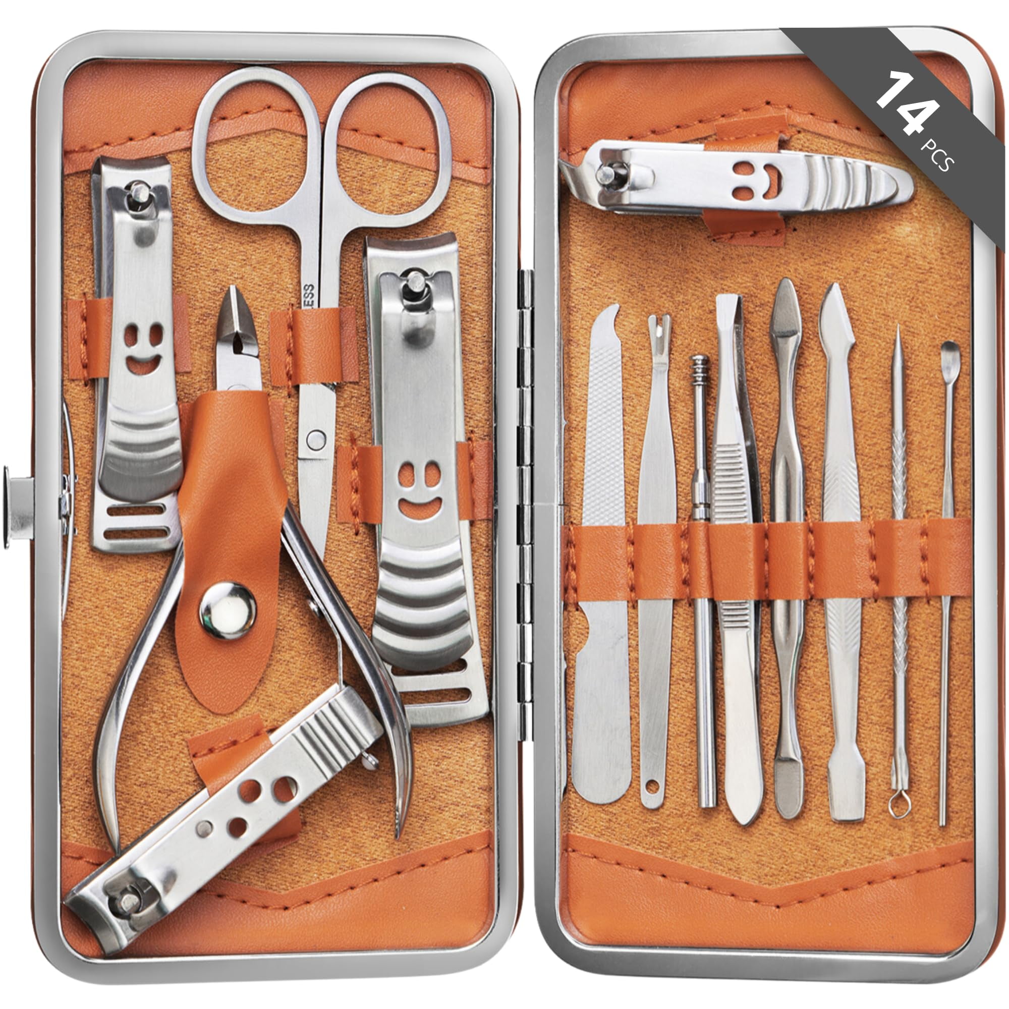 H&S Manicure and Pedicure Nail Care Kit - 14 Pieces - Stainless Steel Clippers & Cuticle Remover Set with Leather Case