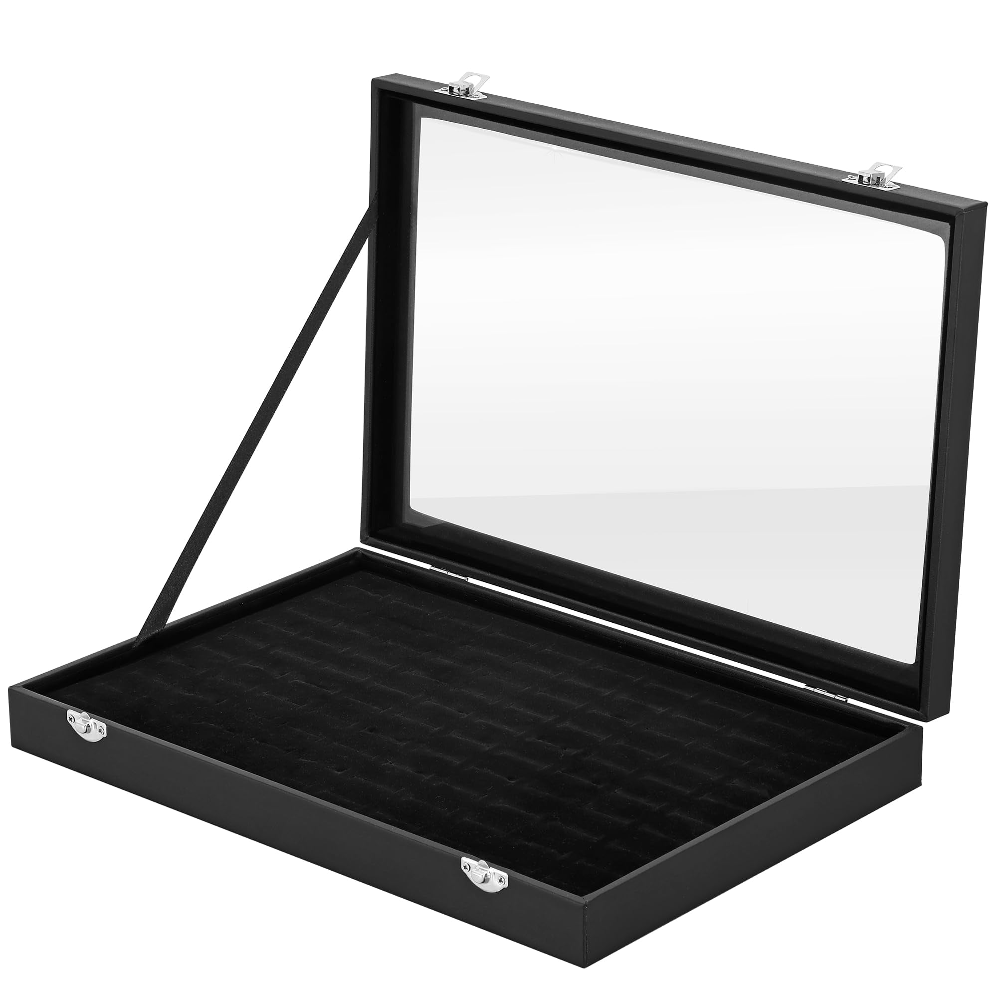 H&S Manufacturing Velvet Lined Wooden Jewelry Box with Glass Lid, Black