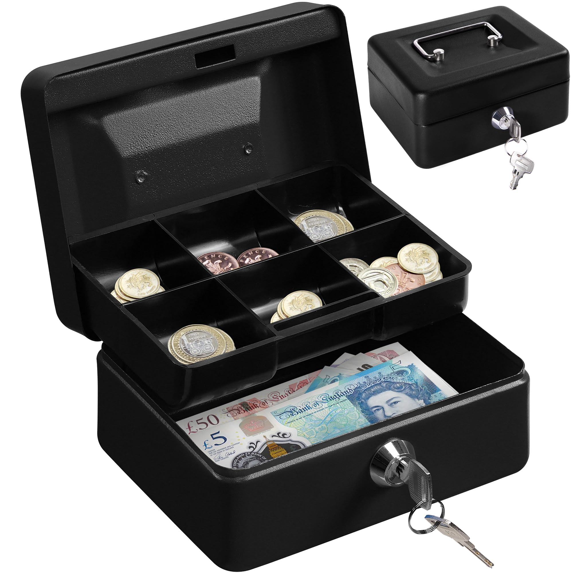 H&S Petty Cash Tin Steel Money Safe Box with Lock 2 Keys - Black