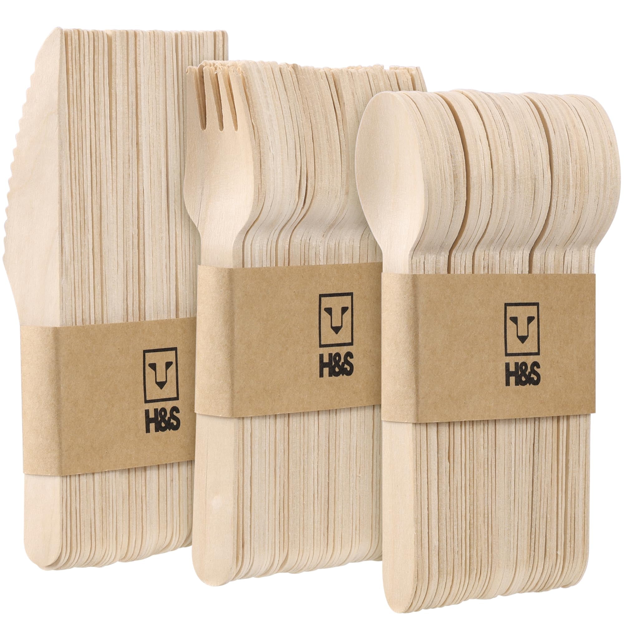 H&S Wooden Cutlery Set - Wood Spoon, Fork and Knife Set - Disposable Cutlery Alternative to Plastic Forks, Spoons, and Knives - Wooden Spoons, Knives, and Forks - 150 Piece Set